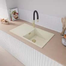 HD Onyx White 86-XL egymedencés mosogatótálca, vágódeszkával, csepegtetőtálcával, tört fehér színben, szálcsiszolt arany leeresztő szifonnal