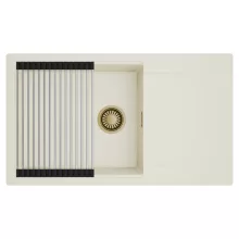 HD Onyx White 86-XL egymedencés mosogatótálca szett, acél csepegtetőráccsal, csepegtetőtálcával, tört fehér színben, szálcsiszolt arany leeresztő szifonnal