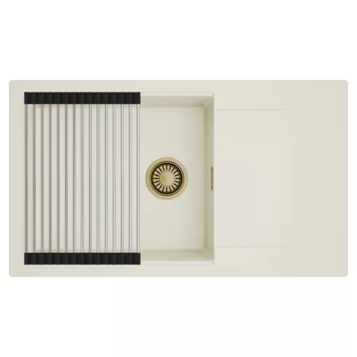 HD Onyx White 86-XL egymedencés mosogatótálca szett, acél csepegtetőráccsal, csepegtetőtálcával, tört fehér színben, szálcsiszolt arany leeresztő szifonnal