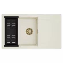 HD Onyx White 86-XL egymedencés mosogatótálca szett, matt fekete csepegtetőkosárral, csepegtetőtálcával, tört fehér színben, szálcsiszolt arany leeresztő szifonnal