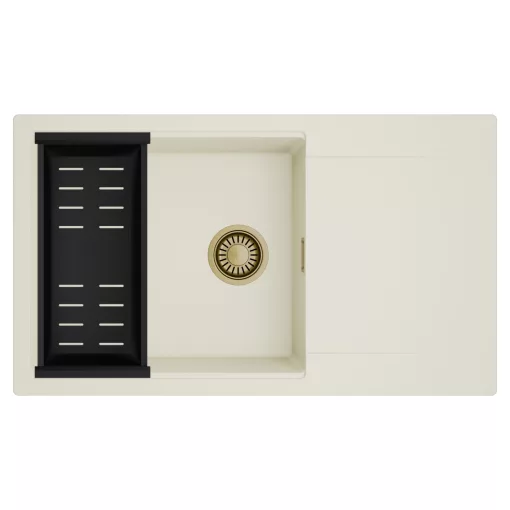 HD Onyx White 86-XL egymedencés mosogatótálca szett, matt fekete csepegtetőkosárral, csepegtetőtálcával, tört fehér színben, szálcsiszolt arany leeresztő szifonnal