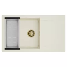 HD Onyx White 86-XL egymedencés mosogatótálca szett, acél csepegtetőkosárral, csepegtetőtálcával, tört fehér színben, szálcsiszolt arany leeresztő szifonnal