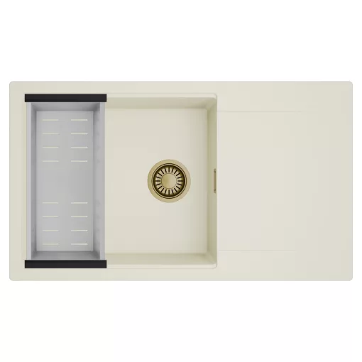 HD Onyx White 86-XL egymedencés mosogatótálca szett, acél csepegtetőkosárral, csepegtetőtálcával, tört fehér színben, szálcsiszolt arany leeresztő szifonnal