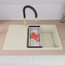 HD Onyx White 86-XL egymedencés mosogatótálca szett, acél csepegtetőkosárral, csepegtetőtálcával, tört fehér színben, szálcsiszolt arany leeresztő szifonnal