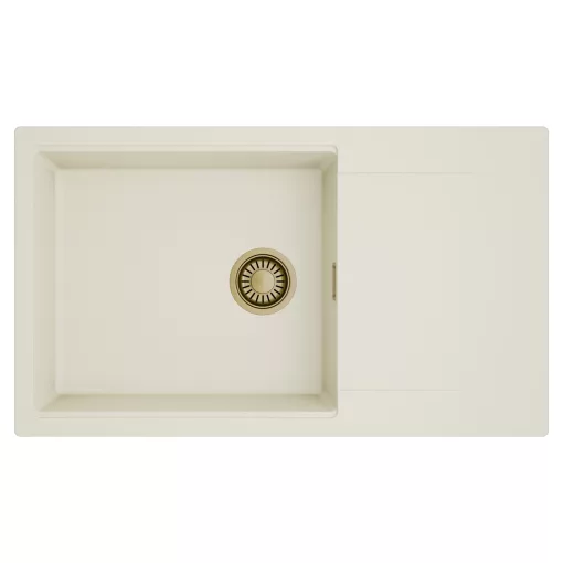 HD Onyx White 86-XL egymedencés mosogatótálca, csepegtetőtálcával, tört fehér színben, szálcsiszolt arany leeresztő szifonnal