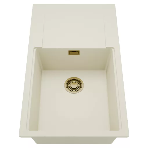 HD Onyx White 86-XL egymedencés mosogatótálca, csepegtetőtálcával, tört fehér színben, szálcsiszolt arany leeresztő szifonnal