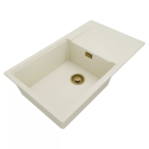 HD Onyx White 86-XL egymedencés mosogatótálca, csepegtetőtálcával, tört fehér színben, szálcsiszolt arany leeresztő szifonnal