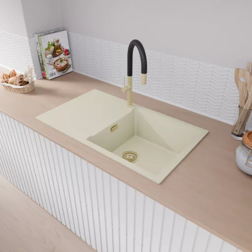 HD Onyx White 86-XL egymedencés mosogatótálca, csepegtetőtálcával, tört fehér színben, szálcsiszolt arany leeresztő szifonnal