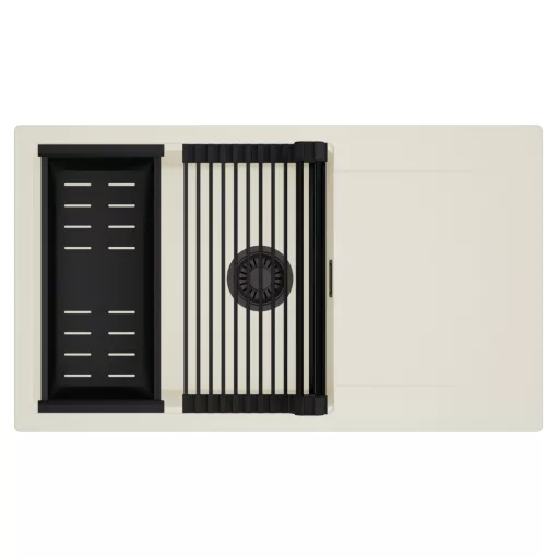 HD Onyx White 86-XL egymedencés mosogatótálca szett, matt fekete csepegtetőráccsal és kosárral, csepegtetőtálcával, tört fehér színben, matt fekete leeresztő szifonnal