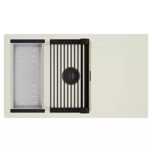 HD Onyx White 86-XL egymedencés mosogatótálca szett, matt fekete csepegtetőráccsal és krómozott kosárral, csepegtetőtálcával, tört fehér színben, matt fekete leeresztő szifonnal