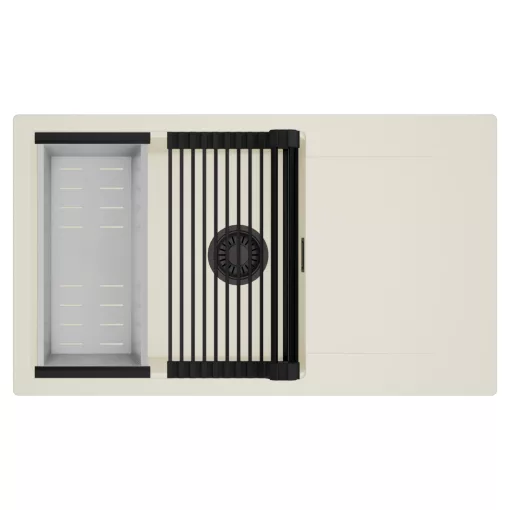 HD Onyx White 86-XL egymedencés mosogatótálca szett, matt fekete csepegtetőráccsal és krómozott kosárral, csepegtetőtálcával, tört fehér színben, matt fekete leeresztő szifonnal