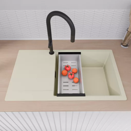 HD Onyx White 86-XL egymedencés mosogatótálca szett, matt fekete csepegtetőráccsal és krómozott kosárral, csepegtetőtálcával, tört fehér színben, matt fekete leeresztő szifonnal