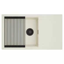 HD Onyx White 86-XL egymedencés mosogatótálca szett, matt fekete csepegtetőráccsal, csepegtetőtálcával, tört fehér színben, matt fekete leeresztő szifonnal