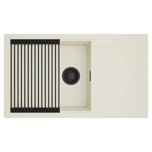 HD Onyx White 86-XL egymedencés mosogatótálca szett, matt fekete csepegtetőráccsal, csepegtetőtálcával, tört fehér színben, matt fekete leeresztő szifonnal