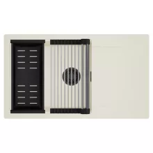 HD Onyx White 86-XL egymedencés mosogatótálca szett, acél csepegtetőráccsal és matt fekete kosárral, csepegtetőtálcával, tört fehér színben, matt fekete leeresztő szifonnal