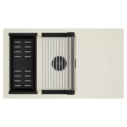 HD Onyx White 86-XL egymedencés mosogatótálca szett, acél csepegtetőráccsal és matt fekete kosárral, csepegtetőtálcával, tört fehér színben, matt fekete leeresztő szifonnal