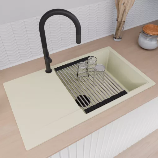 HD Onyx White 86-XL egymedencés mosogatótálca szett, acél csepegtetőráccsal és matt fekete kosárral, csepegtetőtálcával, tört fehér színben, matt fekete leeresztő szifonnal