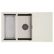 HD Onyx White 86-XL egymedencés mosogatótálca szett, acél csepegtetőráccsal és kosárral, csepegtetőtálcával, tört fehér színben, matt fekete leeresztő szifonnal