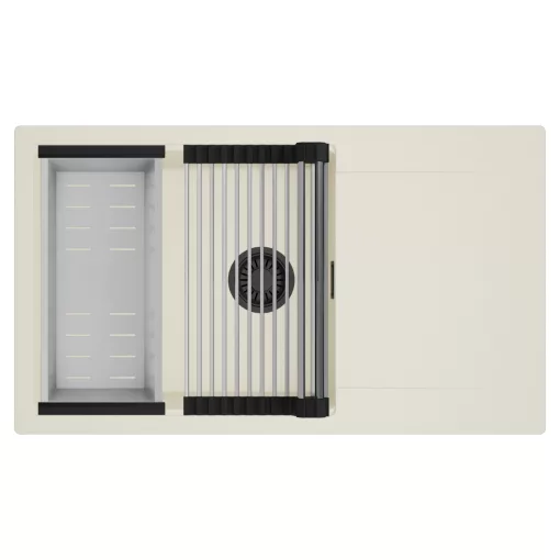 HD Onyx White 86-XL egymedencés mosogatótálca szett, acél csepegtetőráccsal és kosárral, csepegtetőtálcával, tört fehér színben, matt fekete leeresztő szifonnal