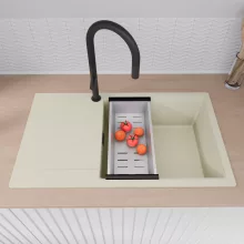 HD Onyx White 86-XL egymedencés mosogatótálca szett, acél csepegtetőráccsal és kosárral, csepegtetőtálcával, tört fehér színben, matt fekete leeresztő szifonnal