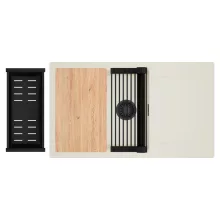 HD Onyx White 86-XL egymedencés mosogatótálca szett, vágódeszkával, matt fekete csepegtetőráccsal és kosárral, csepegtetőtálcával, tört fehér színben, matt fekete leeresztő szifonnal