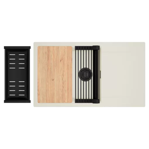 HD Onyx White 86-XL egymedencés mosogatótálca szett, vágódeszkával, matt fekete csepegtetőráccsal és kosárral, csepegtetőtálcával, tört fehér színben, matt fekete leeresztő szifonnal