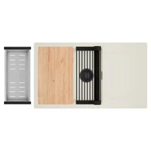 HD Onyx White 86-XL egymedencés mosogatótálca szett, vágódeszkával, matt fekete csepegtetőráccsal és krómozott kosárral, csepegtetőtálcával, tört fehér színben, matt fekete leeresztő szifonnal