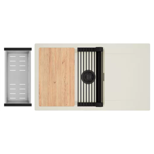 HD Onyx White 86-XL egymedencés mosogatótálca szett, vágódeszkával, matt fekete csepegtetőráccsal és krómozott kosárral, csepegtetőtálcával, tört fehér színben, matt fekete leeresztő szifonnal