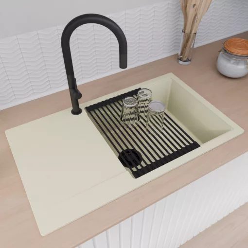 HD Onyx White 86-XL egymedencés mosogatótálca szett, vágódeszkával, matt fekete csepegtetőráccsal és krómozott kosárral, csepegtetőtálcával, tört fehér színben, matt fekete leeresztő szifonnal