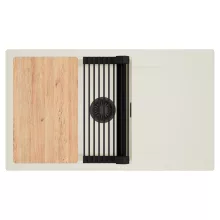 HD Onyx White 86-XL egymedencés mosogatótálca szett, vágódeszkával, matt fekete csepegtetőráccsal, csepegtetőtálcával, tört fehér színben, matt fekete leeresztő szifonnal