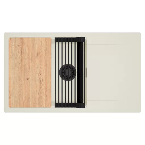 HD Onyx White 86-XL egymedencés mosogatótálca szett, vágódeszkával, matt fekete csepegtetőráccsal, csepegtetőtálcával, tört fehér színben, matt fekete leeresztő szifonnal