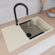 HD Onyx White 86-XL egymedencés mosogatótálca szett, vágódeszkával, matt fekete csepegtetőráccsal, csepegtetőtálcával, tört fehér színben, matt fekete leeresztő szifonnal