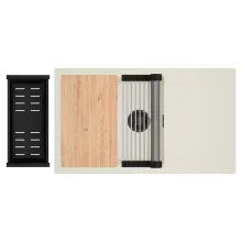 HD Onyx White 86-XL egymedencés mosogatótálca szett, vágódeszkával, acél csepegtetőráccsal és matt fekete kosárral, csepegtetőtálcával, tört fehér színben, matt fekete leeresztő szifonnal