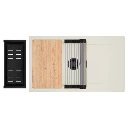 HD Onyx White 86-XL egymedencés mosogatótálca szett, vágódeszkával, acél csepegtetőráccsal és matt fekete kosárral, csepegtetőtálcával, tört fehér színben, matt fekete leeresztő szifonnal