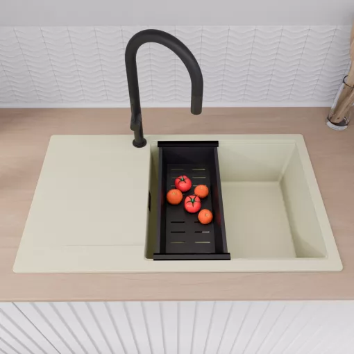 HD Onyx White 86-XL egymedencés mosogatótálca szett, vágódeszkával, acél csepegtetőráccsal és matt fekete kosárral, csepegtetőtálcával, tört fehér színben, matt fekete leeresztő szifonnal