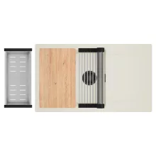 HD Onyx White 86-XL egymedencés mosogatótálca szett, vágódeszkával, acél csepegtetőráccsal és kosárral, csepegtetőtálcával, tört fehér színben, matt fekete leeresztő szifonnal