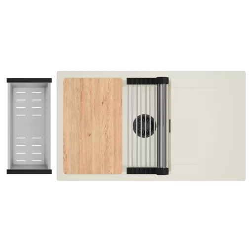 HD Onyx White 86-XL egymedencés mosogatótálca szett, vágódeszkával, acél csepegtetőráccsal és kosárral, csepegtetőtálcával, tört fehér színben, matt fekete leeresztő szifonnal