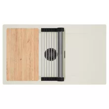 HD Onyx White 86-XL egymedencés mosogatótálca szett, vágódeszkával, acél csepegtetőráccsal, csepegtetőtálcával, tört fehér színben, matt fekete leeresztő szifonnal