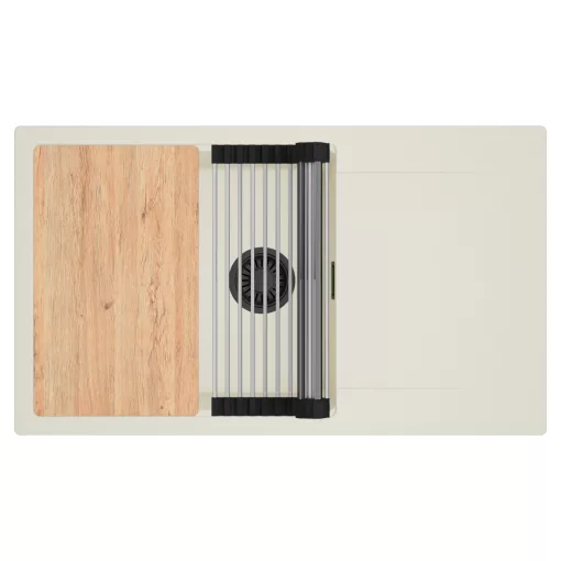 HD Onyx White 86-XL egymedencés mosogatótálca szett, vágódeszkával, acél csepegtetőráccsal, csepegtetőtálcával, tört fehér színben, matt fekete leeresztő szifonnal