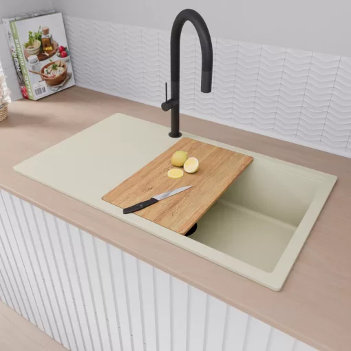 HD Onyx White 86-XL egymedencés mosogatótálca szett, vágódeszkával, acél csepegtetőráccsal, csepegtetőtálcával, tört fehér színben, matt fekete leeresztő szifonnal