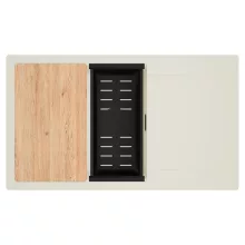 HD Onyx White 86-XL egymedencés mosogatótálca szett, vágódeszkával, matt fekete csepegtetőkosárral, csepegtetőtálcával, tört fehér színben, matt fekete leeresztő szifonnal