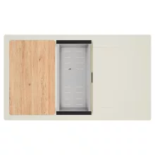 HD Onyx White 86-XL egymedencés mosogatótálca szett, vágódeszkával, acél csepegtetőkosárral, csepegtetőtálcával, tört fehér színben, matt fekete leeresztő szifonnal