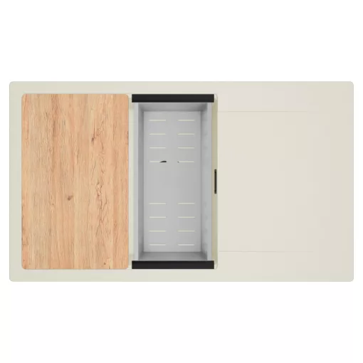 HD Onyx White 86-XL egymedencés mosogatótálca szett, vágódeszkával, acél csepegtetőkosárral, csepegtetőtálcával, tört fehér színben, matt fekete leeresztő szifonnal