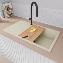 HD Onyx White 86-XL egymedencés mosogatótálca szett, vágódeszkával, acél csepegtetőkosárral, csepegtetőtálcával, tört fehér színben, matt fekete leeresztő szifonnal