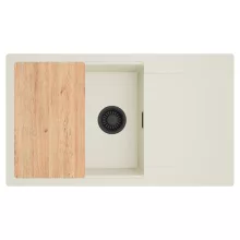 HD Onyx White 86-XL egymedencés mosogatótálca, vágódeszkával, csepegtetőtálcával, tört fehér színben, matt fekete leeresztő szifonnal