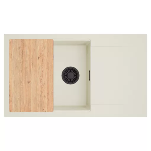 HD Onyx White 86-XL egymedencés mosogatótálca, vágódeszkával, csepegtetőtálcával, tört fehér színben, matt fekete leeresztő szifonnal