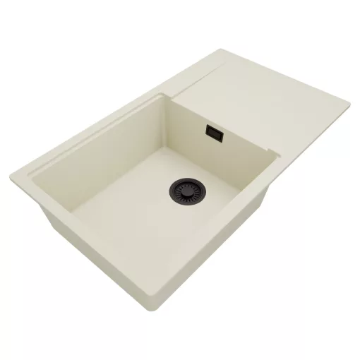 HD Onyx White 86-XL egymedencés mosogatótálca, vágódeszkával, csepegtetőtálcával, tört fehér színben, matt fekete leeresztő szifonnal