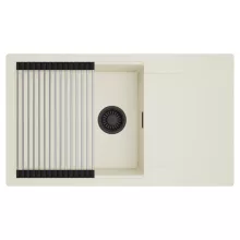 HD Onyx White 86-XL egymedencés mosogatótálca szett, acél csepegtetőráccsal, csepegtetőtálcával, tört fehér színben, matt fekete leeresztő szifonnal