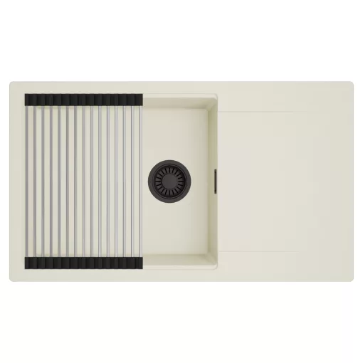 HD Onyx White 86-XL egymedencés mosogatótálca szett, acél csepegtetőráccsal, csepegtetőtálcával, tört fehér színben, matt fekete leeresztő szifonnal