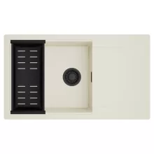 HD Onyx White 86-XL egymedencés mosogatótálca szett, matt fekete csepegtetőkosárral, csepegtetőtálcával, tört fehér színben, matt fekete leeresztő szifonnal